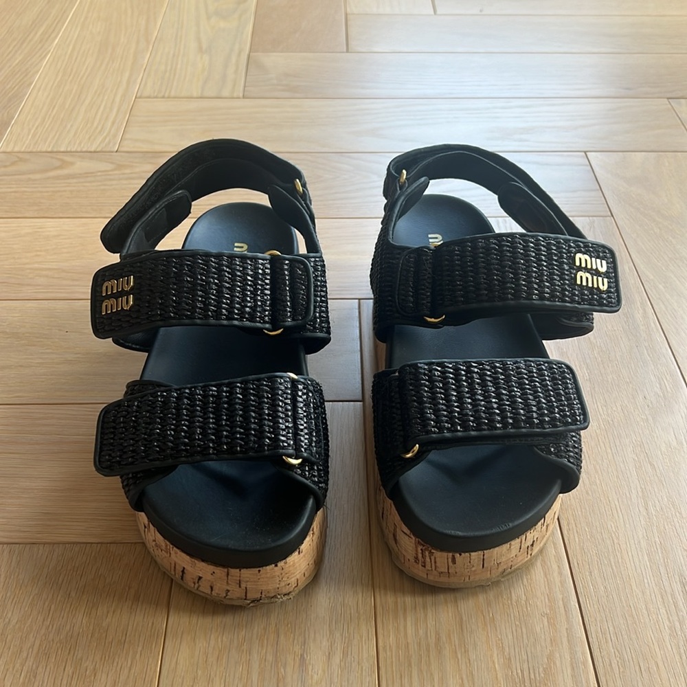 Miu Miu 70MM Logo Raffia Platform Sandals